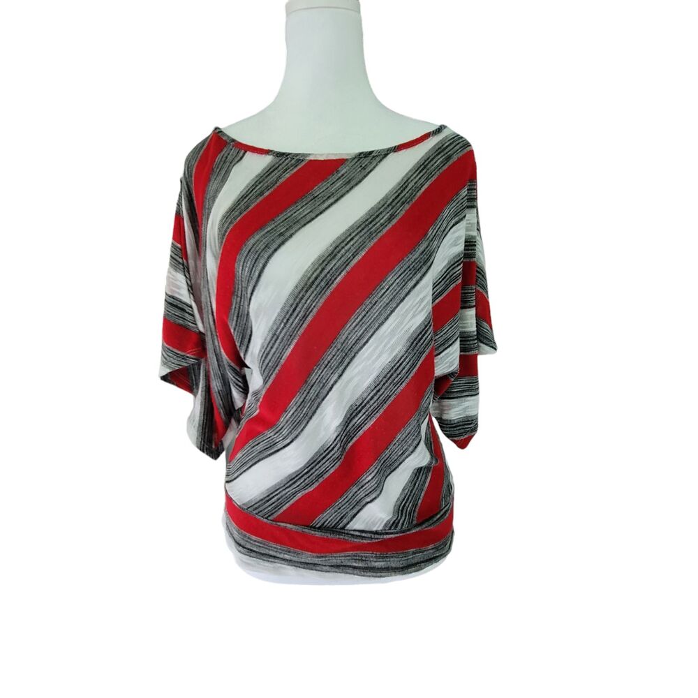 Caren Sport Women Red Gray White Top Shirt Striped Off Shoulder Medium